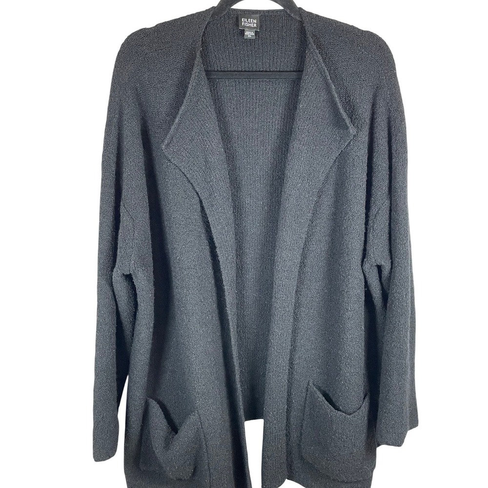 Vintage 1990s Eileen Fisher XL Black Wool Boucle Cardigan Oversized Lagenlook